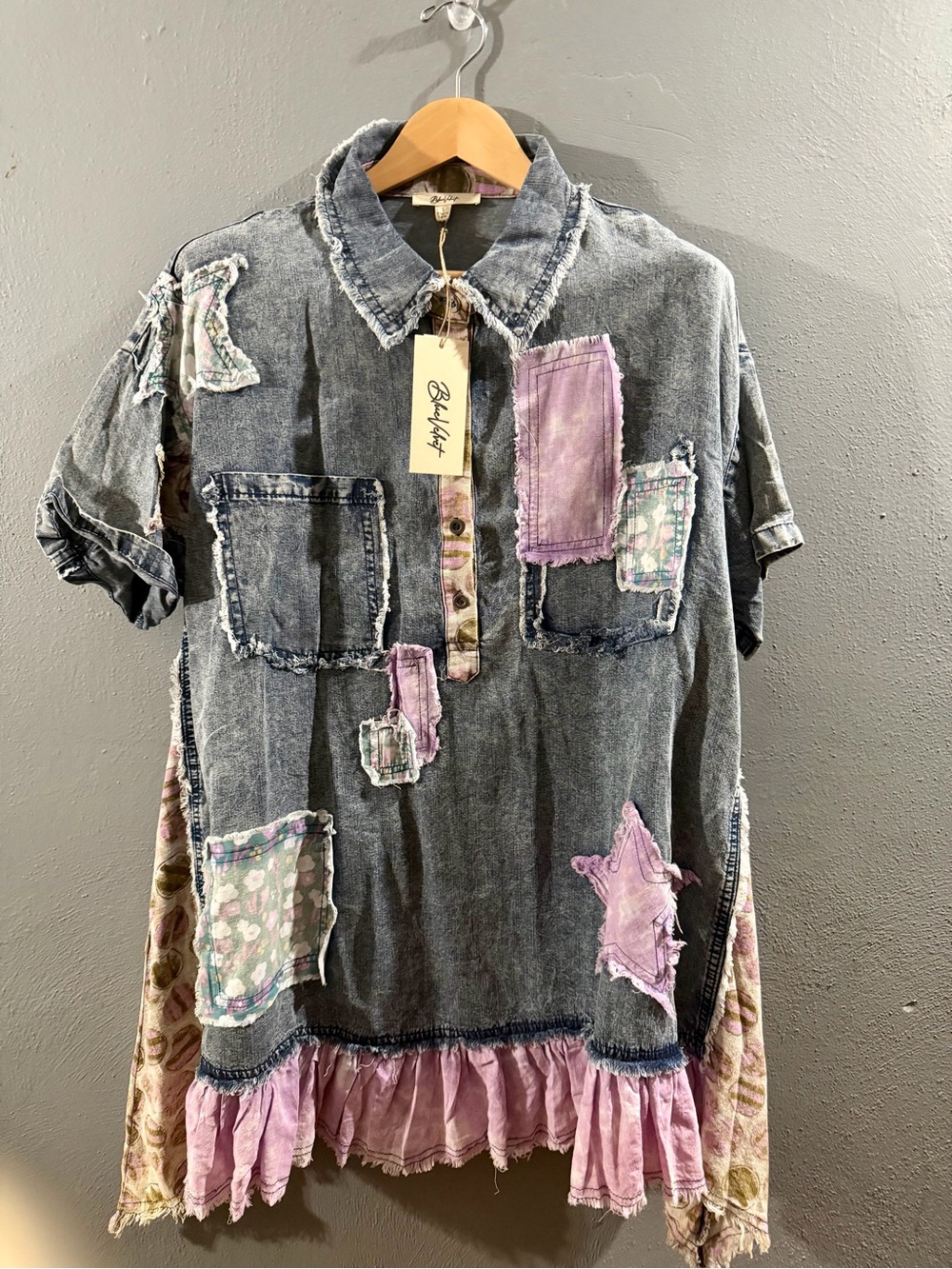Boho Patchwork Asymmetrical Denim Dress in Faded Blue and Lilac
